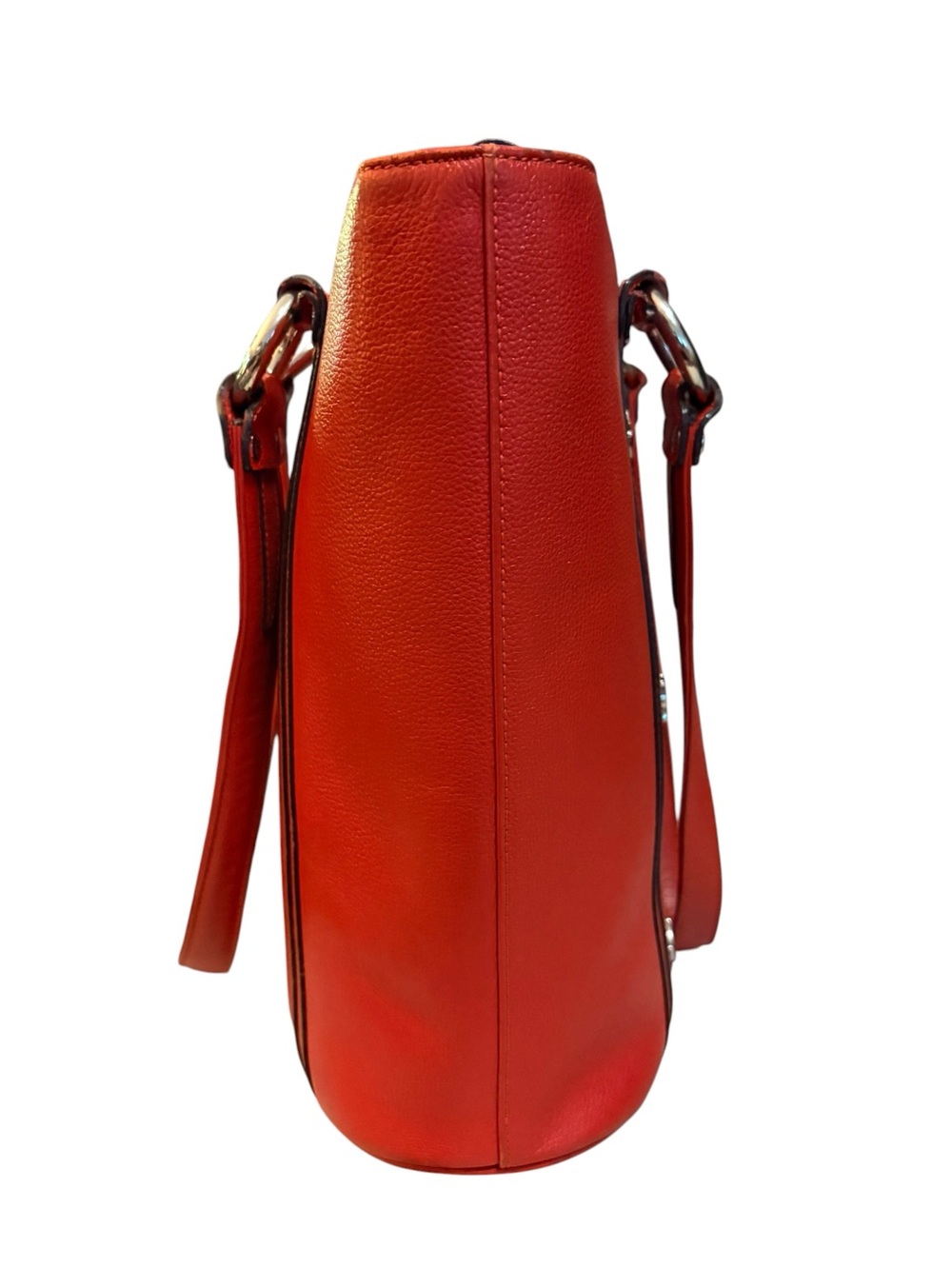 MCM Coral Red Pebbled Leather Studded Tote Bag - Picture 9 of 14